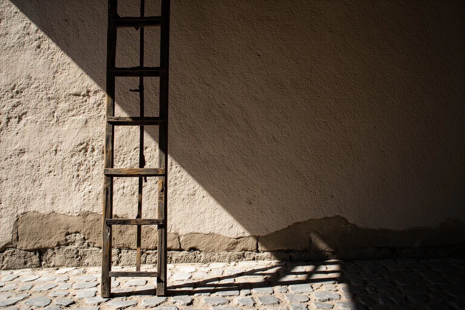 An old wooden ladder leaning against a stone wall, forming a triangular shadow on cobblestones