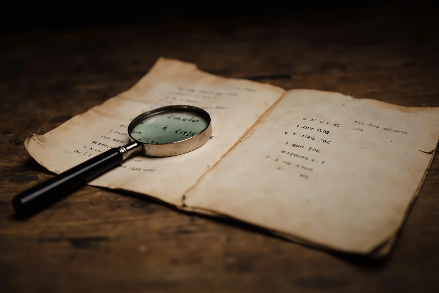 An old wooden library table with a magnifying glass resting over an open antique play script