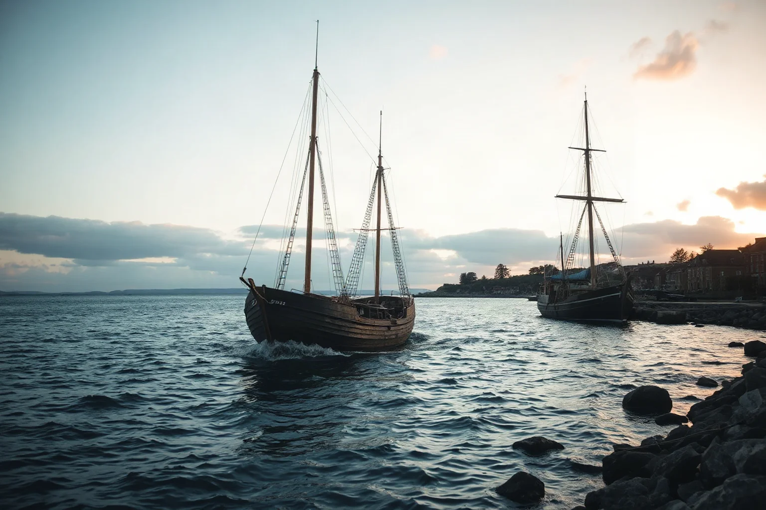 An old wooden ship departing a harbor at dawn, symbolizing a missionary's return voyage to Ireland