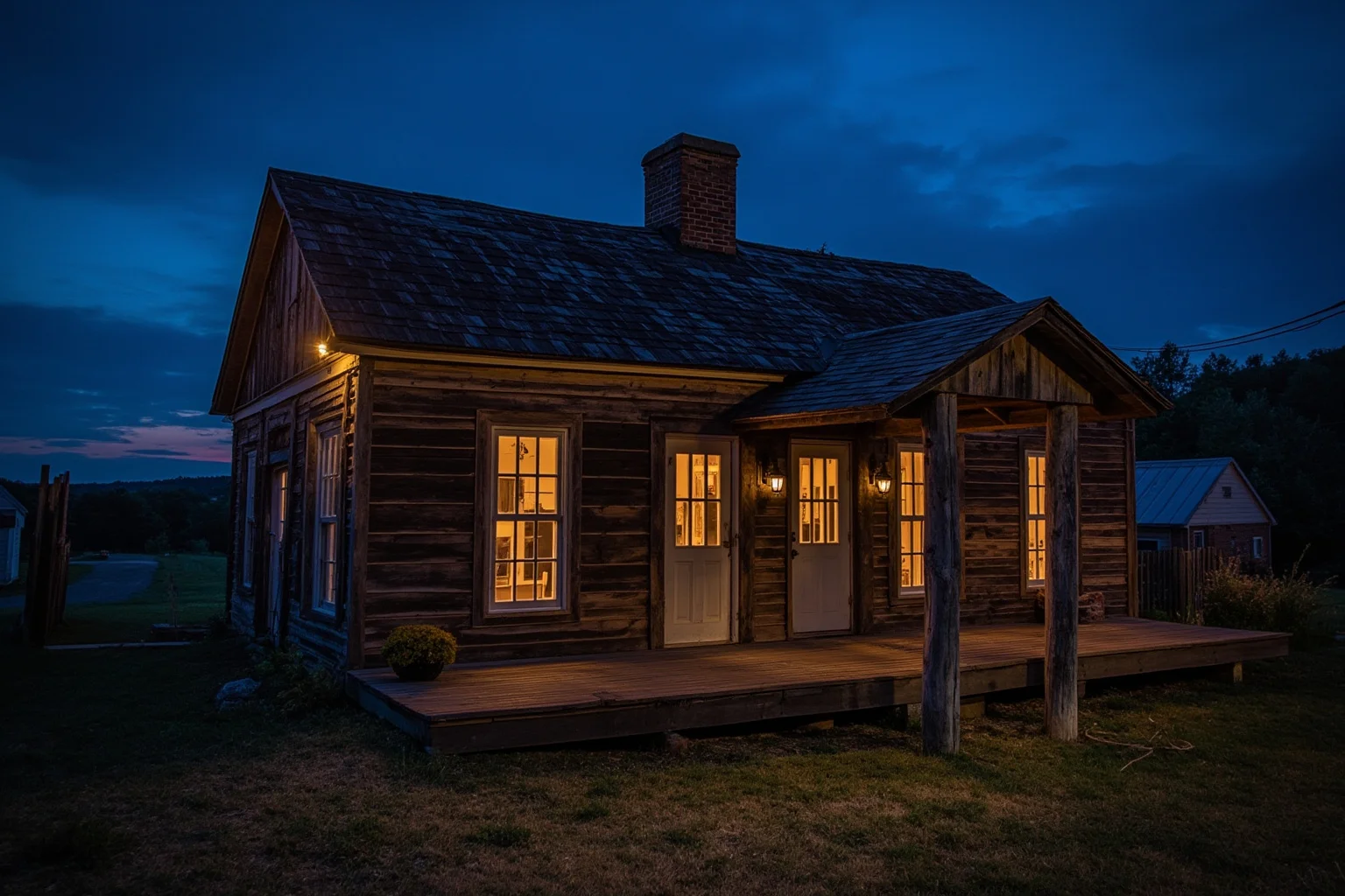 An old wooden tavern exterior with a hitching post and lantern, rural Maryland countryside at dusk