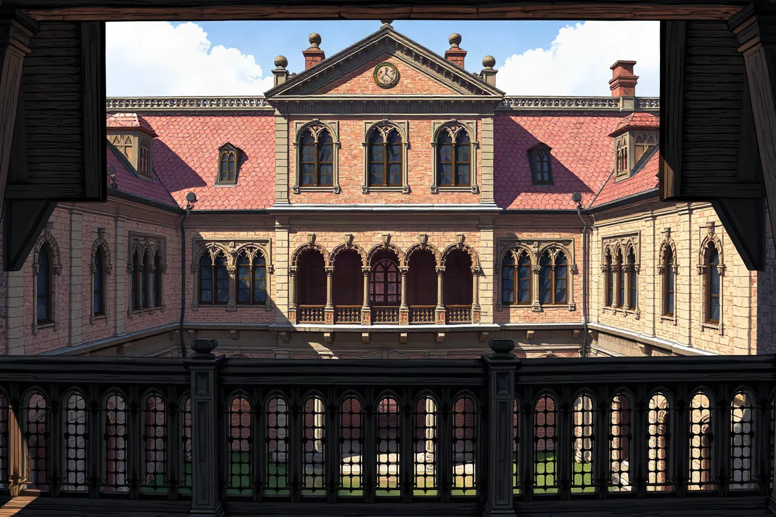 An old wooden university balcony overlooking a grand stone atrium, illustration, historical architecture
