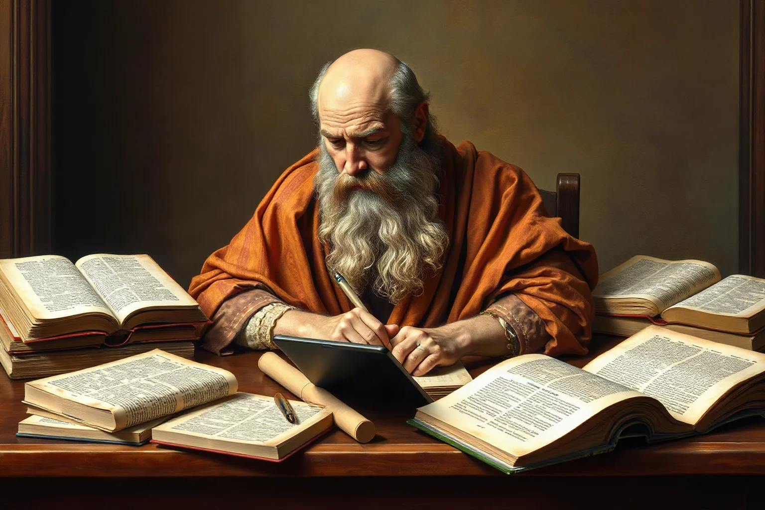 An older bearded philosopher emperor seated at a writing desk with scrolls and tablets, deep in contemplation with Stoic philosophy texts surrounding him