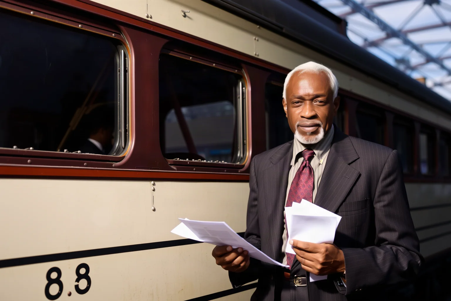 An older Black labor organizer in a suit standing beside a vintage railway sleeping car, holding papers