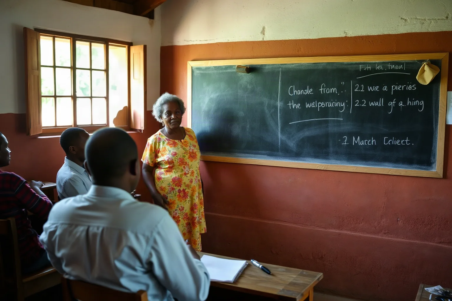 An older Black woman teacher standing at a chalkboard in a small rural classroom with adult students
