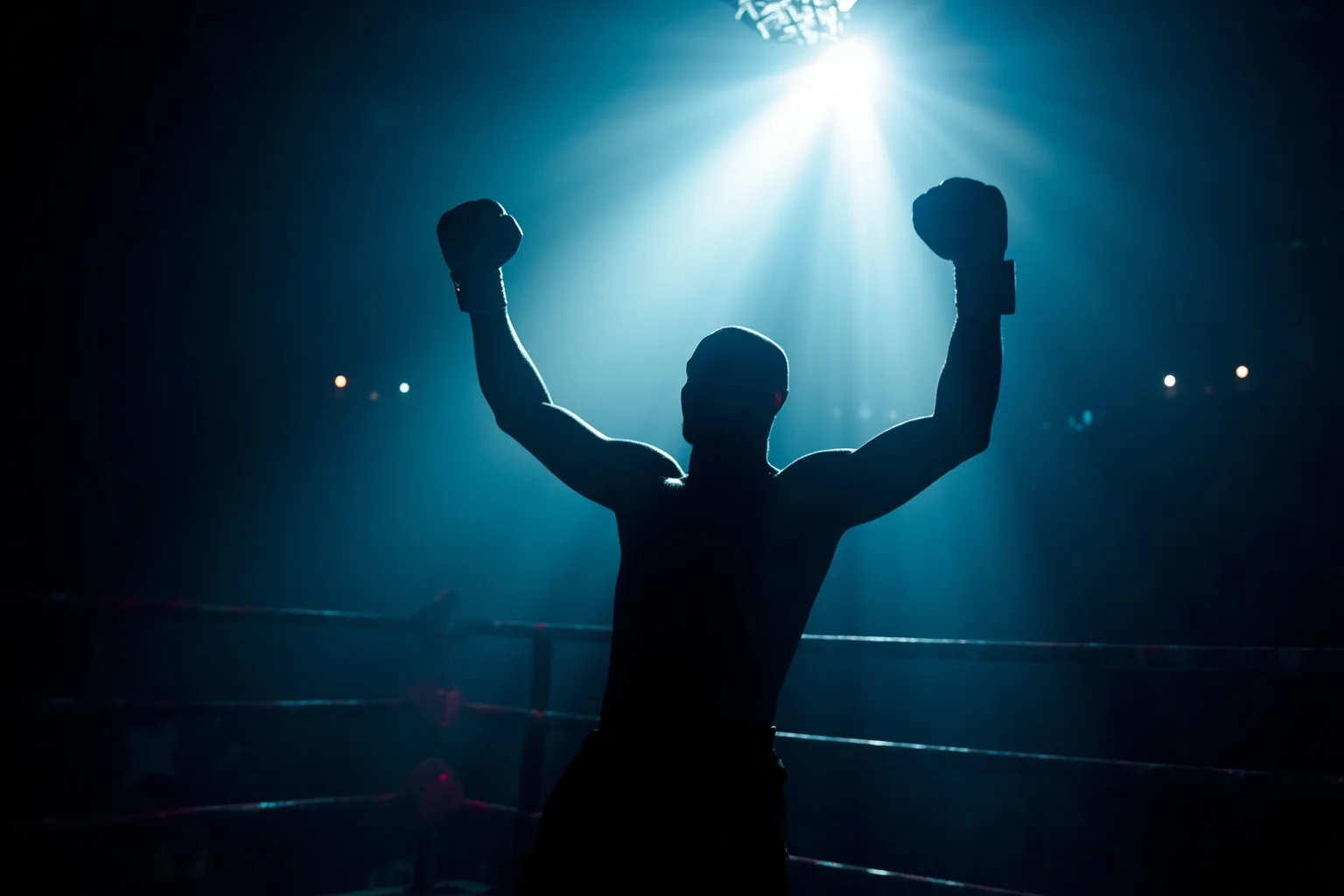 An older boxer silhouette raising fists in victory inside a boxing ring, spotlight beam, triumphant atmosphere