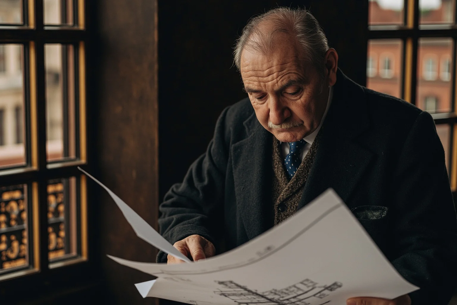 Historical Figures Who Boarded the Titanic — And 10 Who Didn't Survive 18 An older Edwardian businessman in a dark overcoat studying blueprints of a grand hotel building