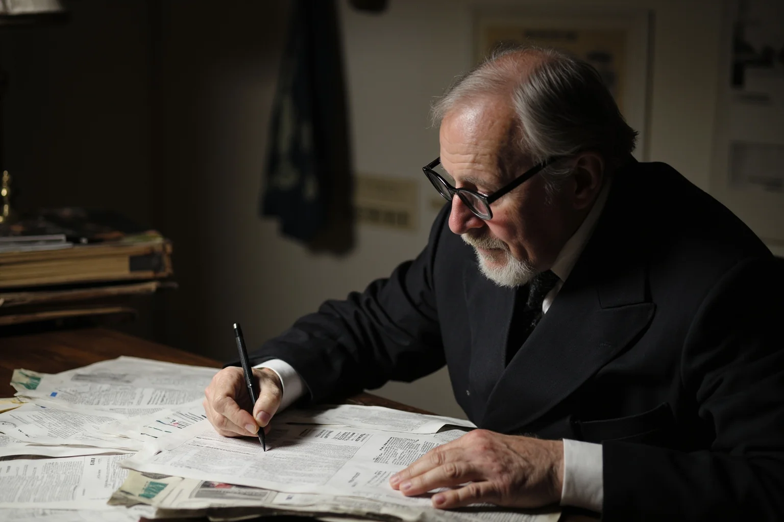 Historical Figures Who Boarded the Titanic — And 10 Who Didn't Survive 22 An older Edwardian journalist in a formal suit and glasses writing notes at a desk covered in newspapers