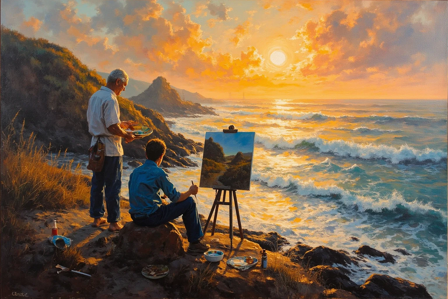 Amazing Facts About Claude Monet: His Life and 10 Greatest Paintings 3 An older mentor artist and a young apprentice painting together on a rocky coastline at sunset, loose impressionist brushstrokes