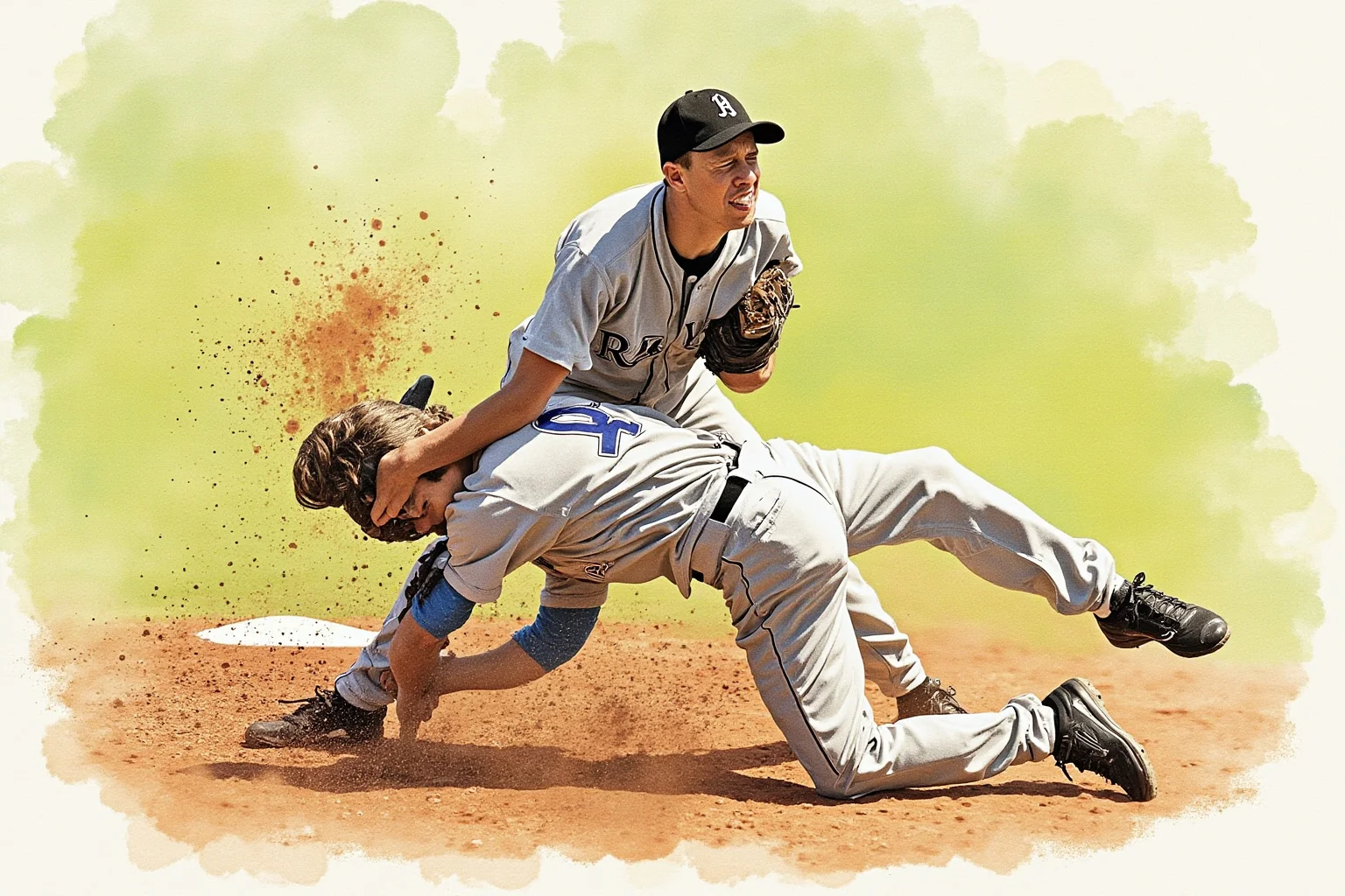 Biggest Brawls In Baseball History 10 An older pitcher in a headlock grip with a younger batter near the mound, dust kicking up, dramatic sports illustration