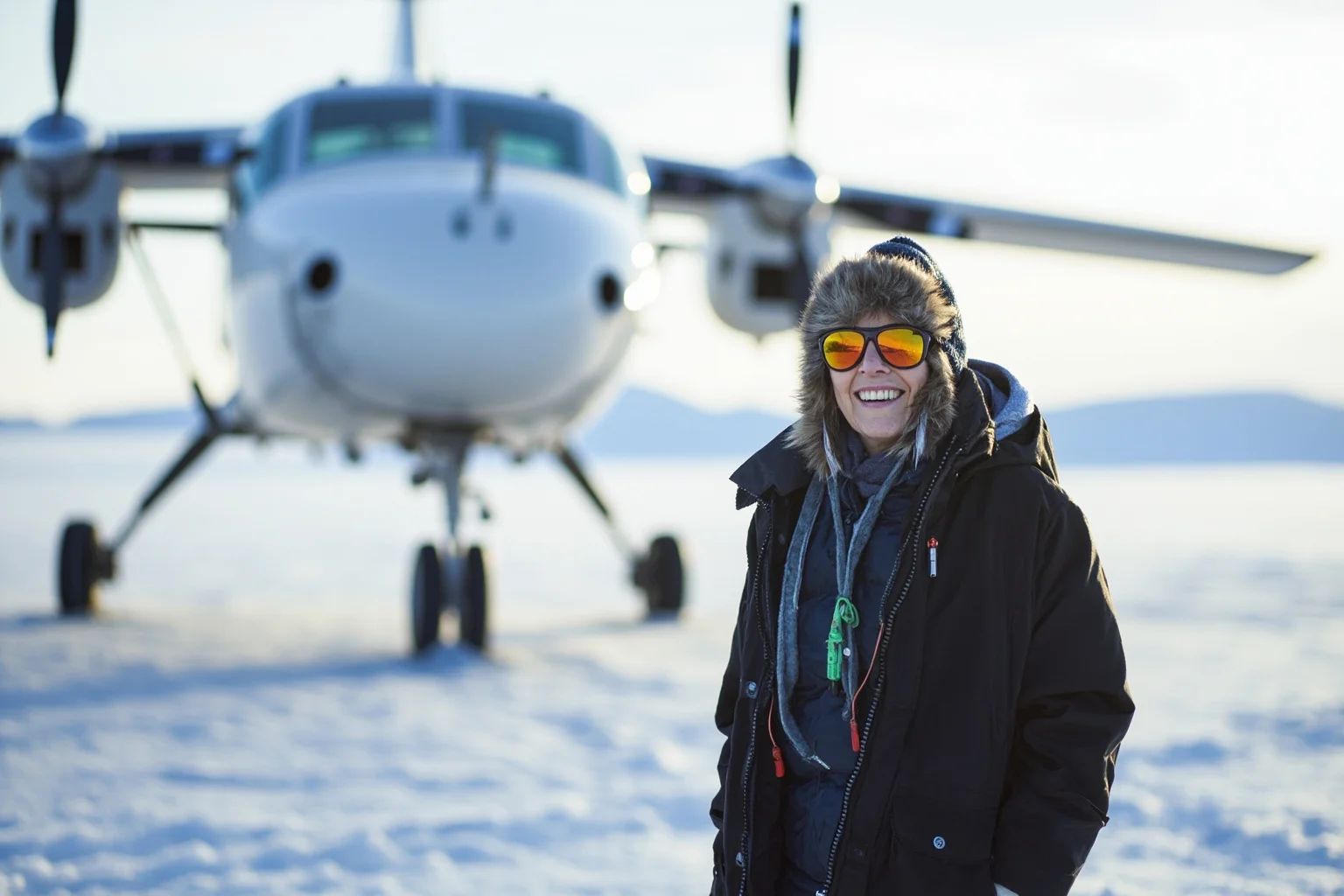 An older woman explorer in winter gear smiling near a small aircraft on a snowy polar runway