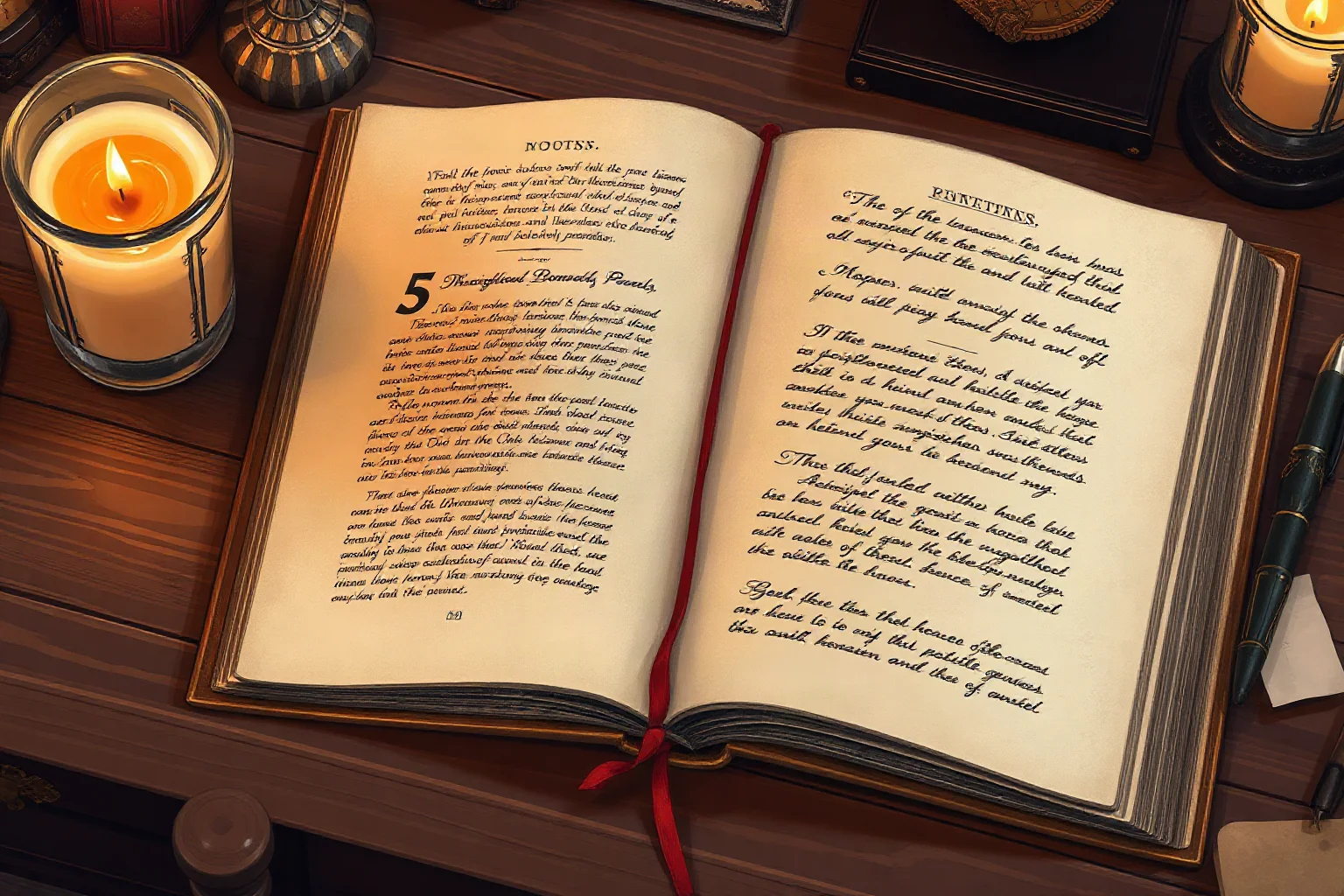 An open antique book beside handwritten notes and a candle on a wooden desk, illustration
