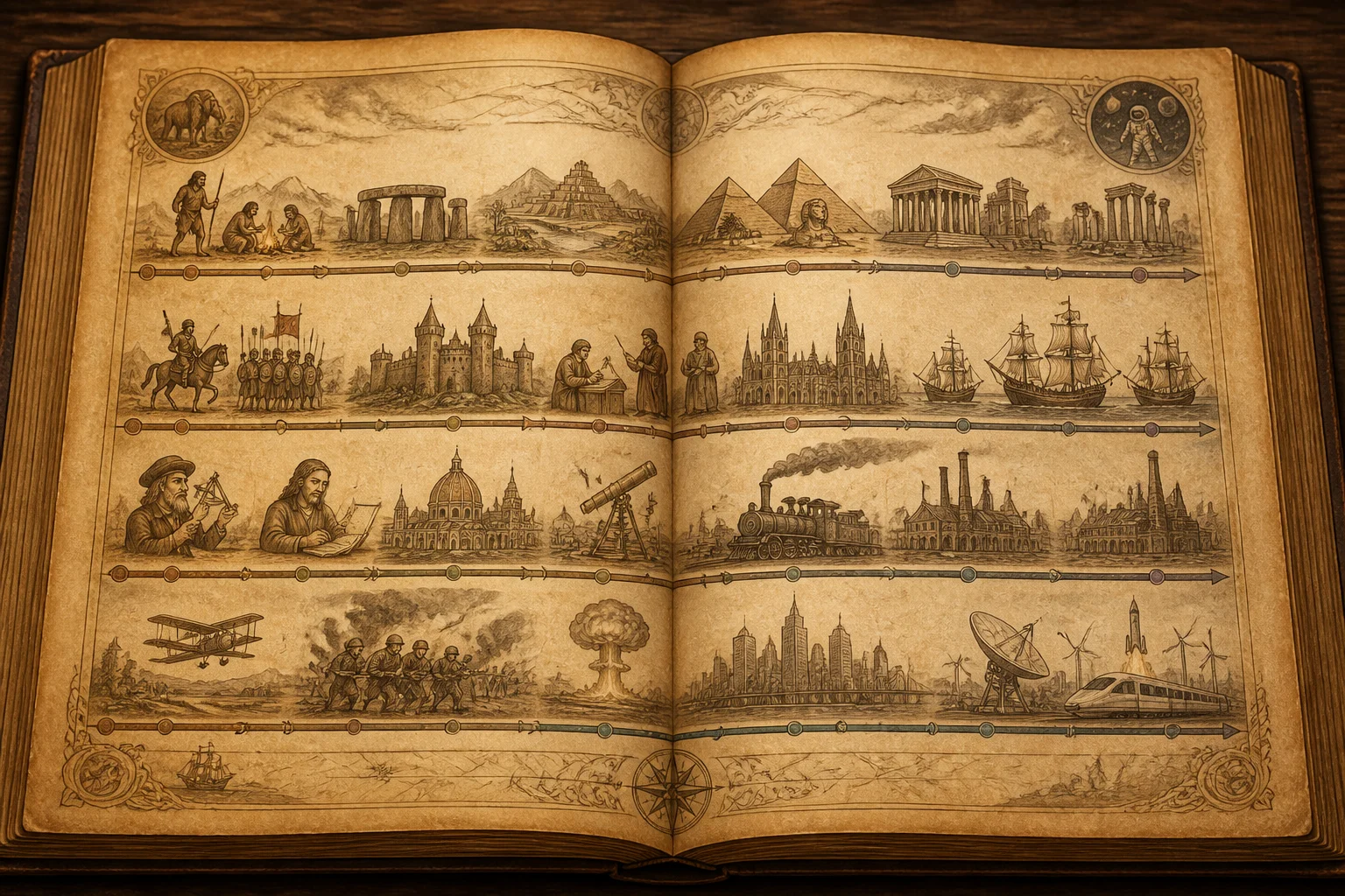 An open antique book displaying a hand-drawn timeline map spanning ancient to modern historical eras, warm sepia tones, no readable text