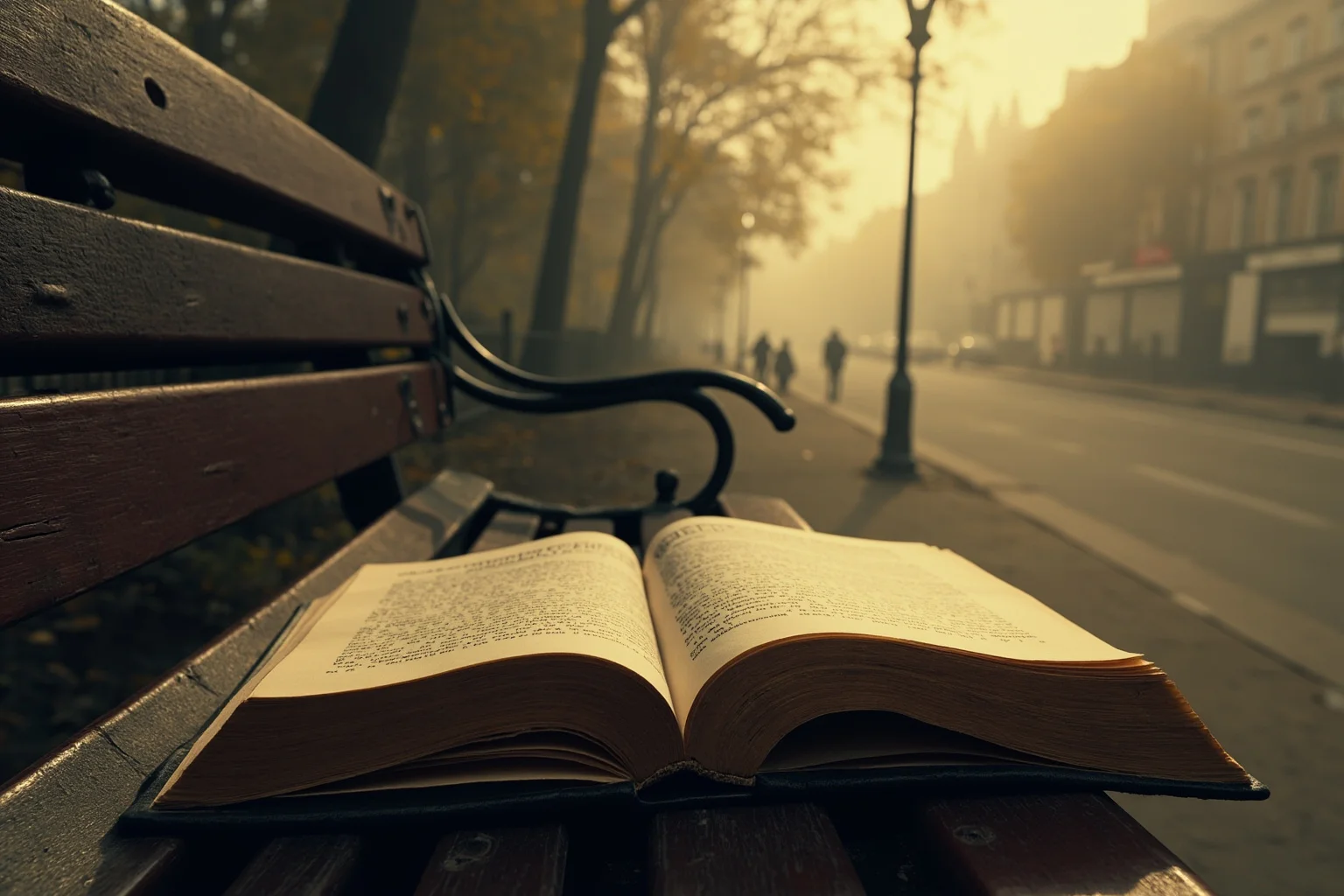 An open antique book lying on a park bench in a foggy London street scene, soft warm lighting, editorial illustration style