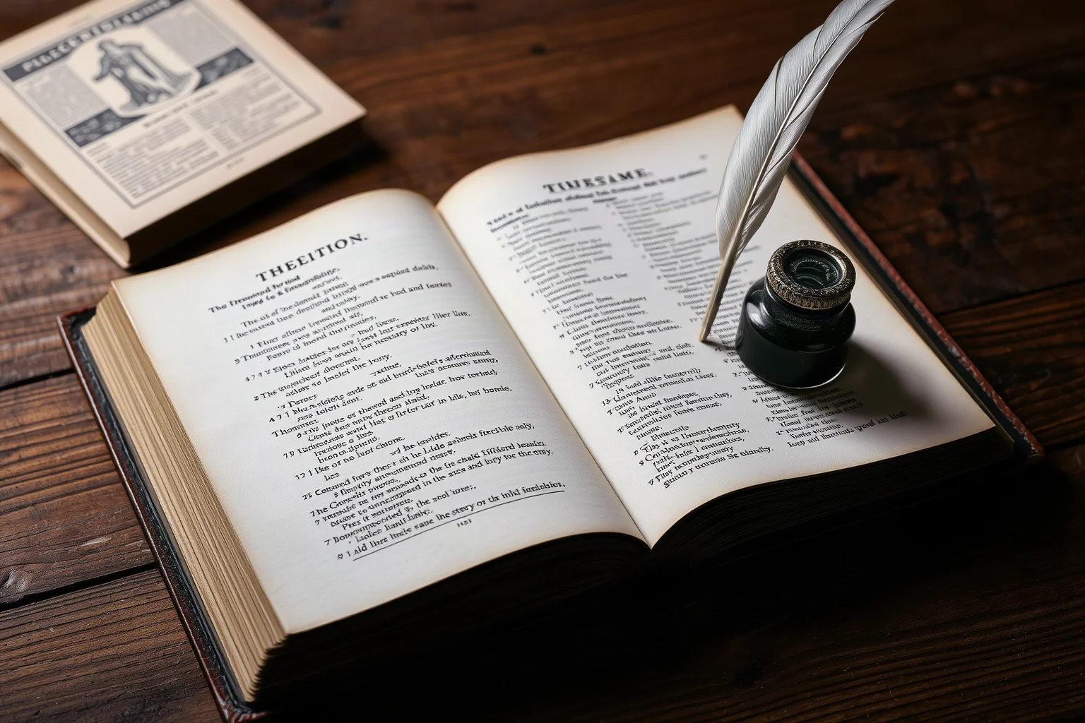An open antique book of English words and phrases with quill and inkwell on a wooden desk