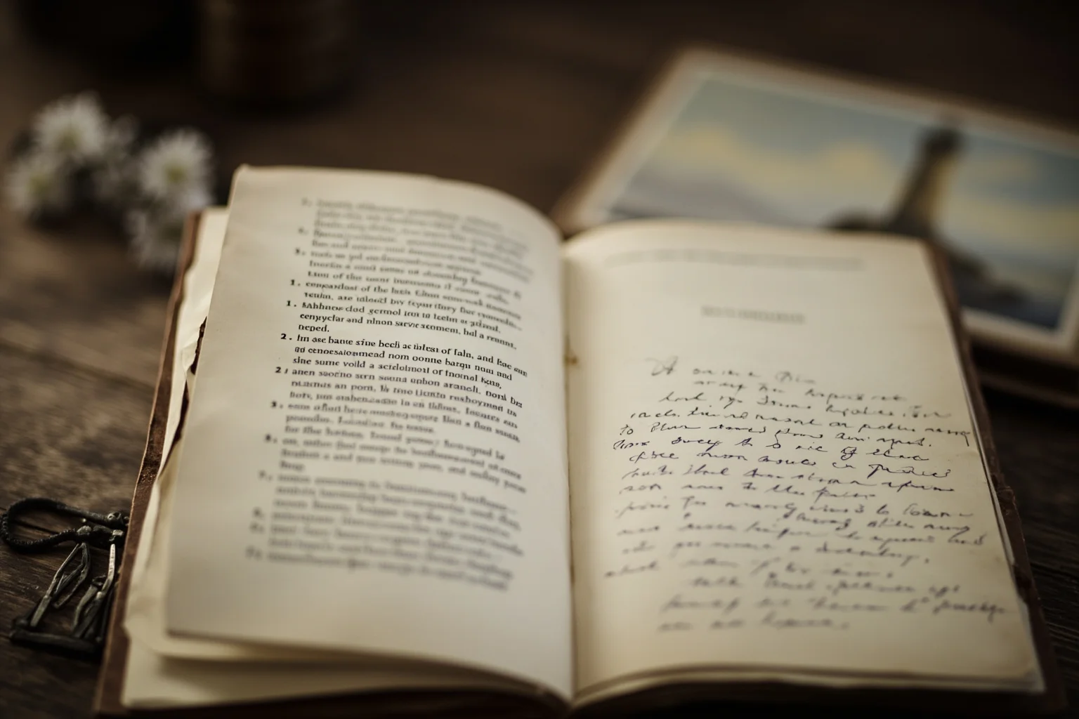 An open antique book of poetry with faded handwriting beside a lighthouse illustration