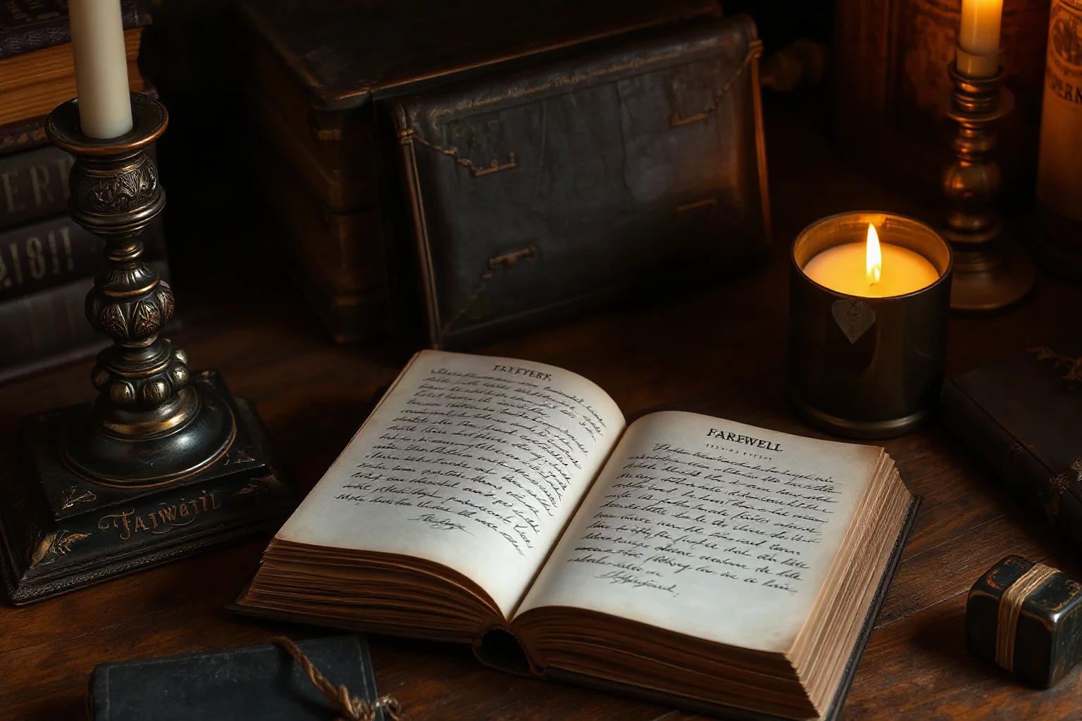 An open antique book showing a handwritten farewell letter on a wooden desk with a candle, historical still life