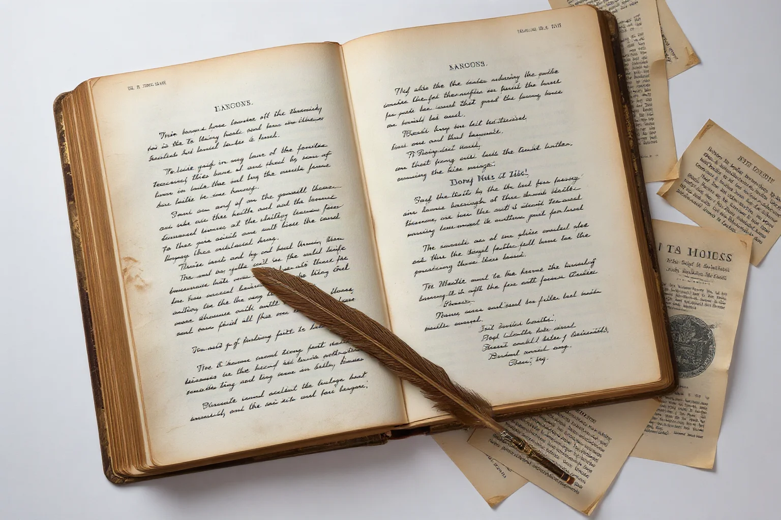An open antique book with handwritten pages and a quill resting beside cut paper clippings, historical study illustration