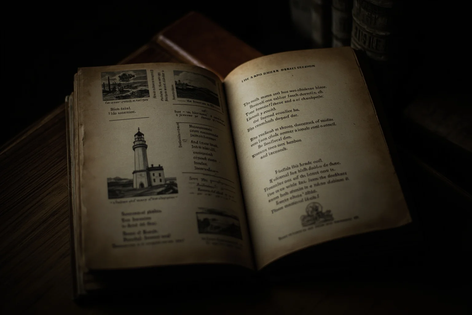Strange History: Why Lighthouse Keepers Went Mad (Or Did They?) 24 An open antique book with lighthouse illustrations and poem text, moody library lighting, literary theme