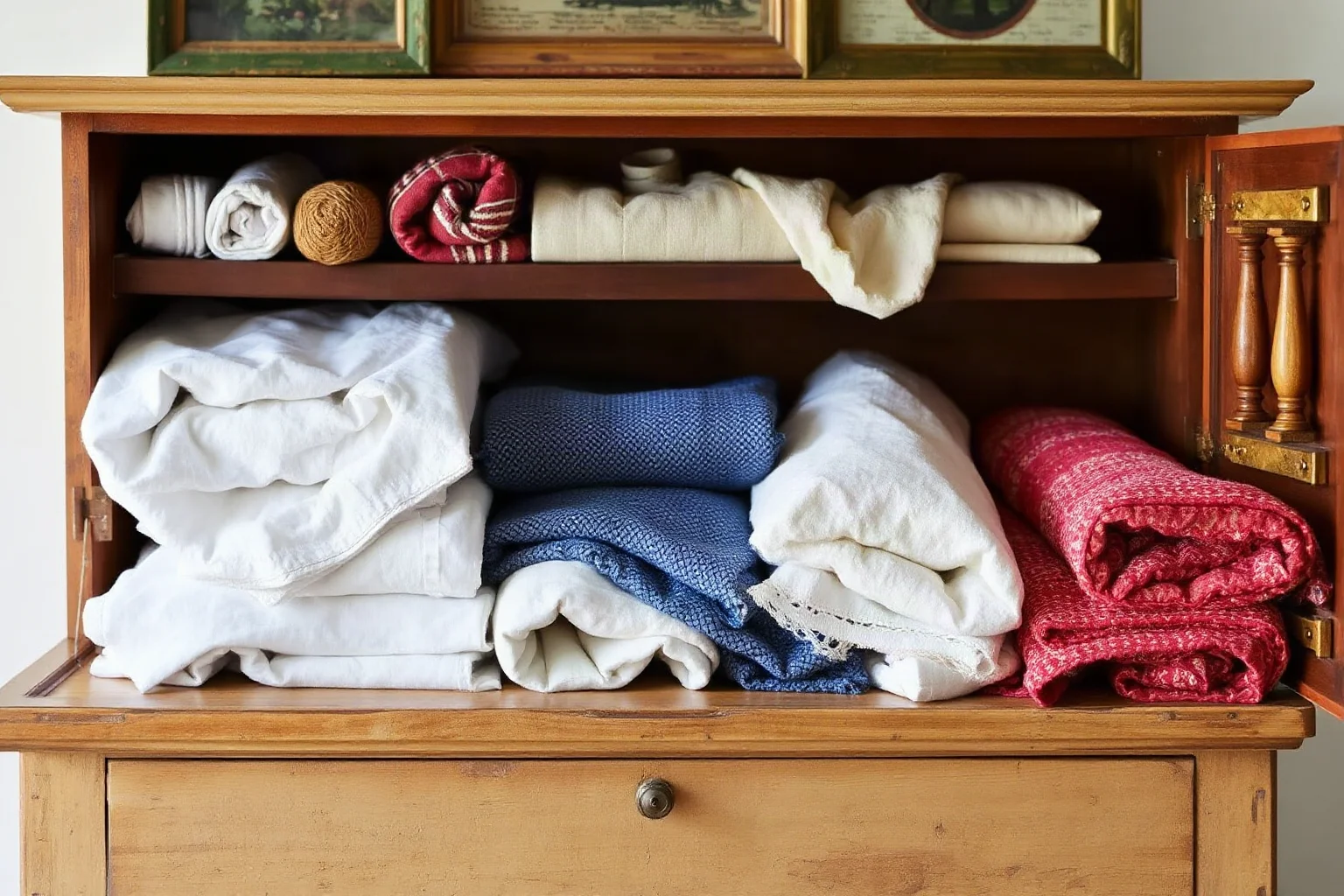 An open antique hope chest filled with folded linens and handmade textiles