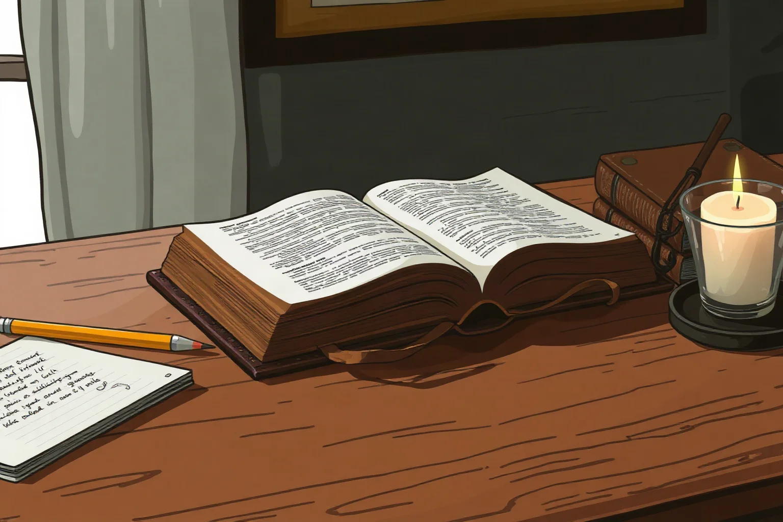 An open antique leather Bible beside handwritten notes and a candle on a wooden desk, illustration style