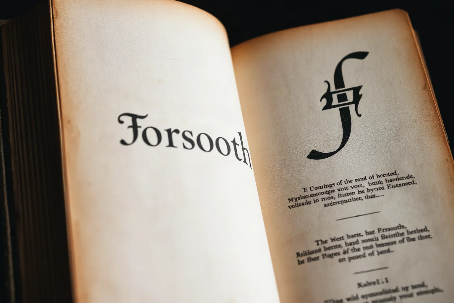 An open antique leather-bound book with a faded page showing the word 'Forsooth' in old-style typeface