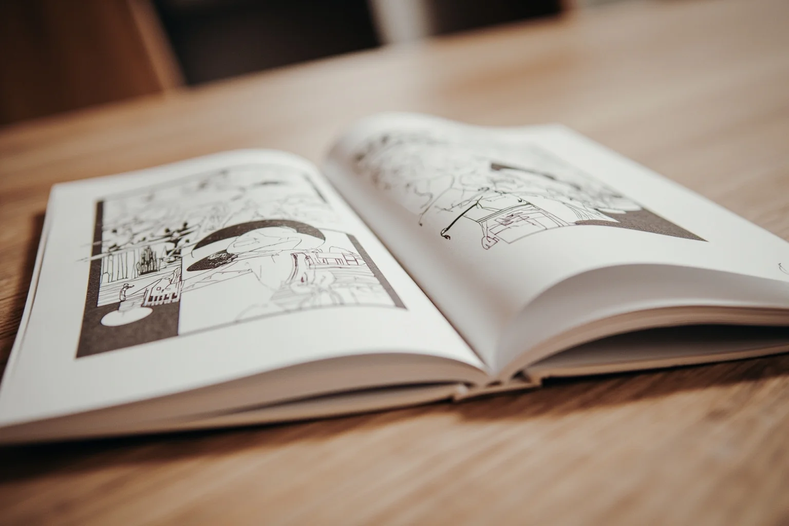 An open graphic novel on a wooden table with monochrome illustrated artwork visible