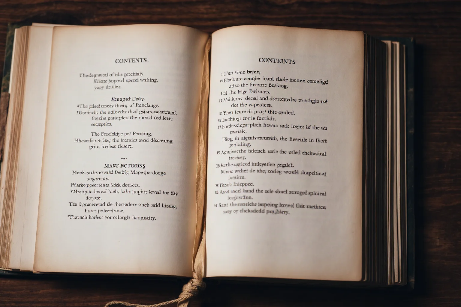 An open old book displaying a table of contents divided into categories, aged paper texture