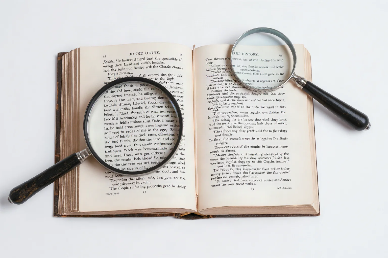 An open old book with Greek text pages next to a magnifying glass, symbolizing linguistic study and word history