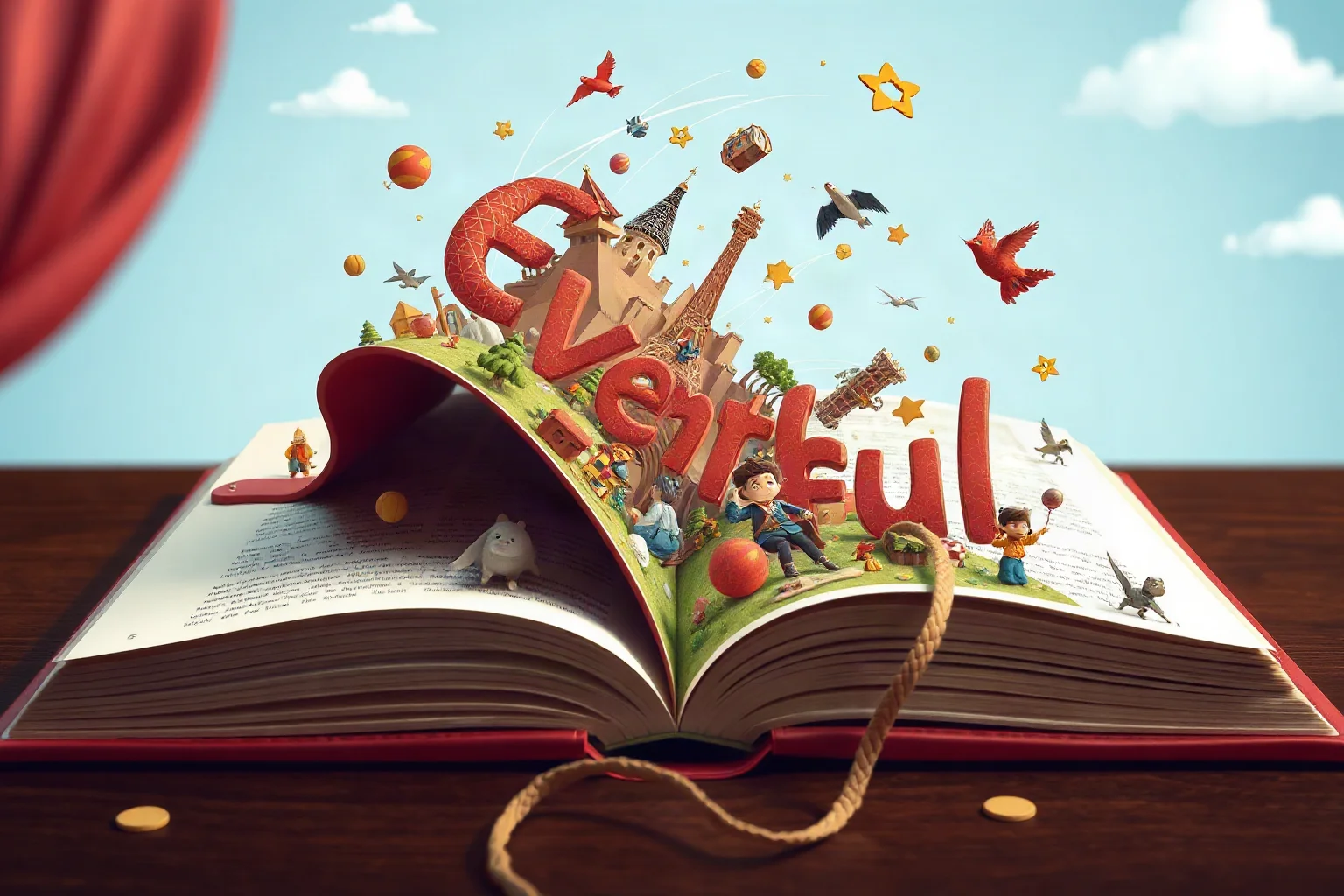 An open storybook with swirling illustrated scenes spilling from its pages, representing the word 'Eventful'