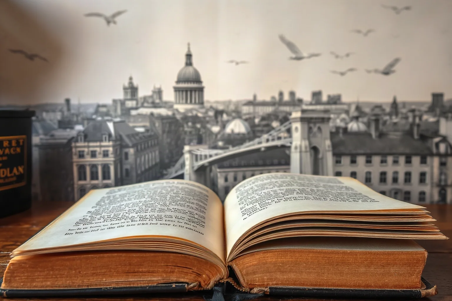 An open vintage book with Dublin cityscape sketched faintly in the background, literary and atmospheric