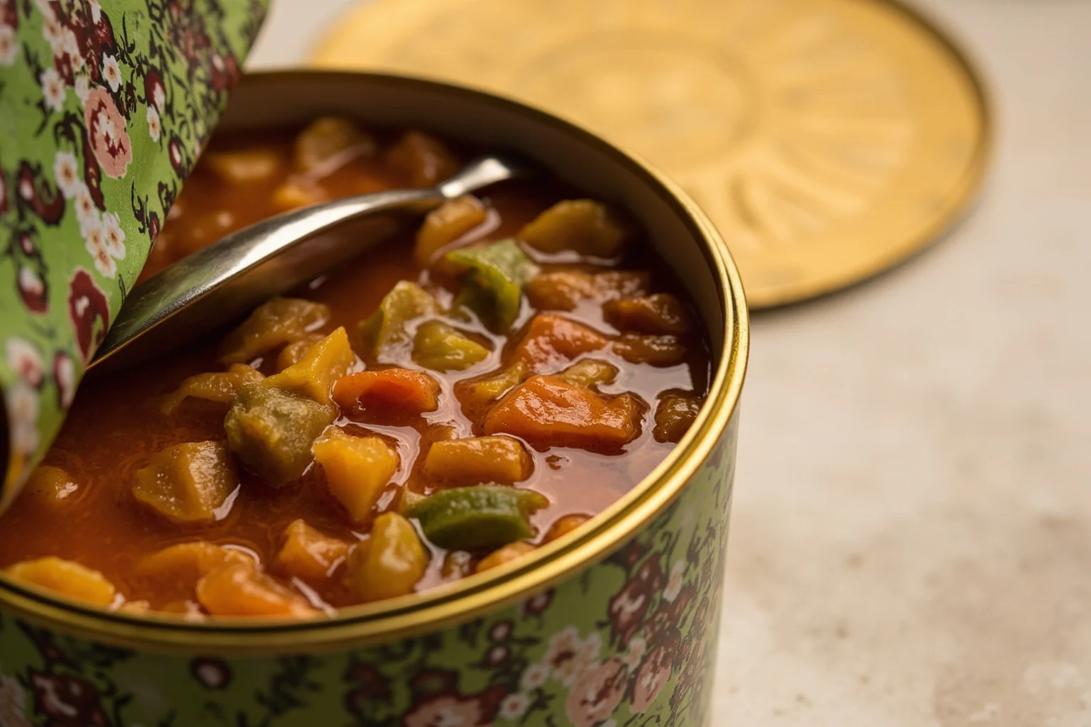 The Evolution of World War 1 Rations: 24 Facts About Food, Trenches, and Rationing 6 An opened tin of Maconochie stew showing the thin broth and vegetable chunks, with a spoon resting on the rim