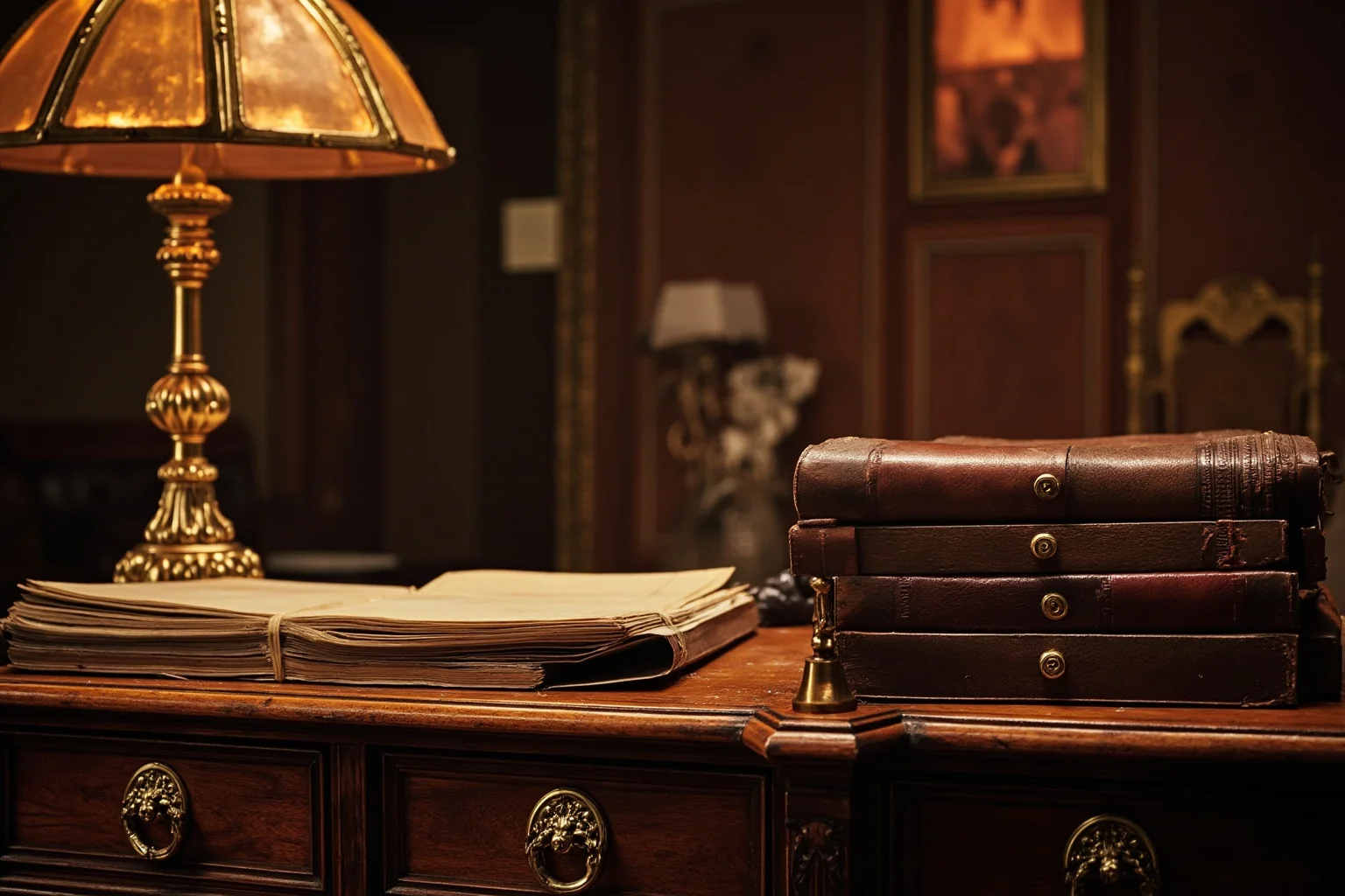An opulent 19th-century financier's office with a large wooden desk and stock ledgers