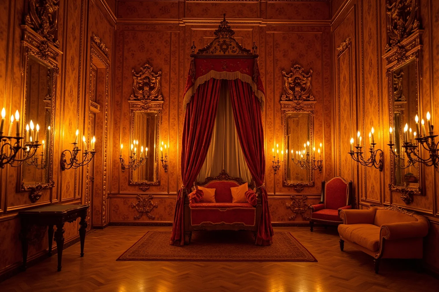 Missing Legendary Treasures That Are Yet to Be Found 4 An opulent amber-paneled chamber with gold trim and mirrors, lit by candlelight in a grand palace room