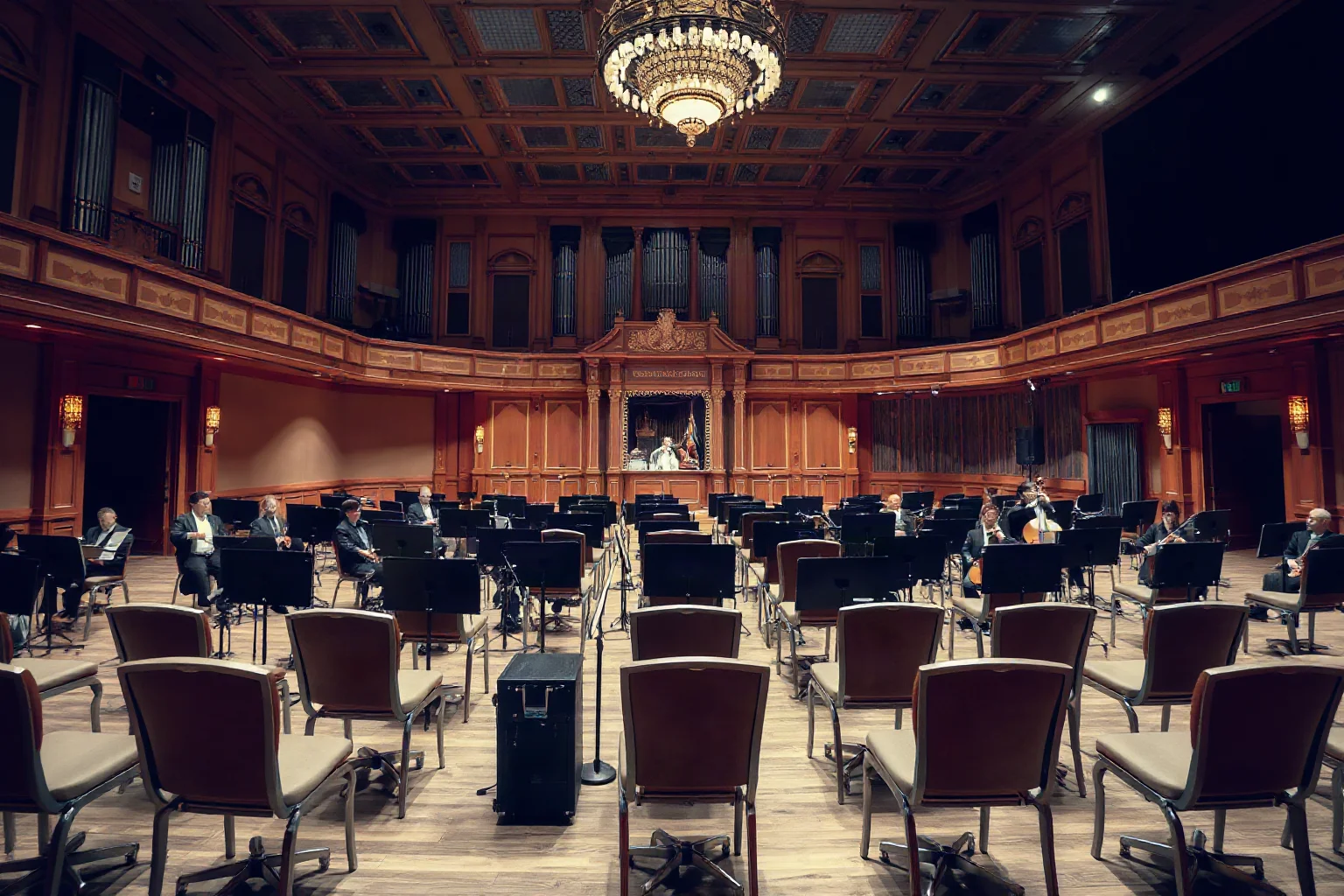 An orchestra's empty chairs and music stands in a grand concert hall, illustrating a symphony performed under siege