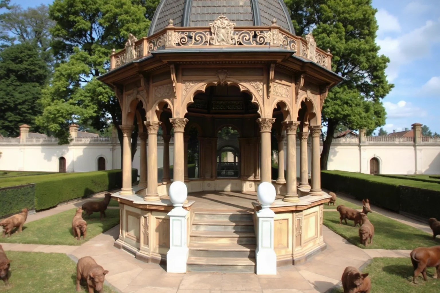 An ornate 17th-century garden pavilion surrounded by geometric animal enclosures, formal French palace garden style