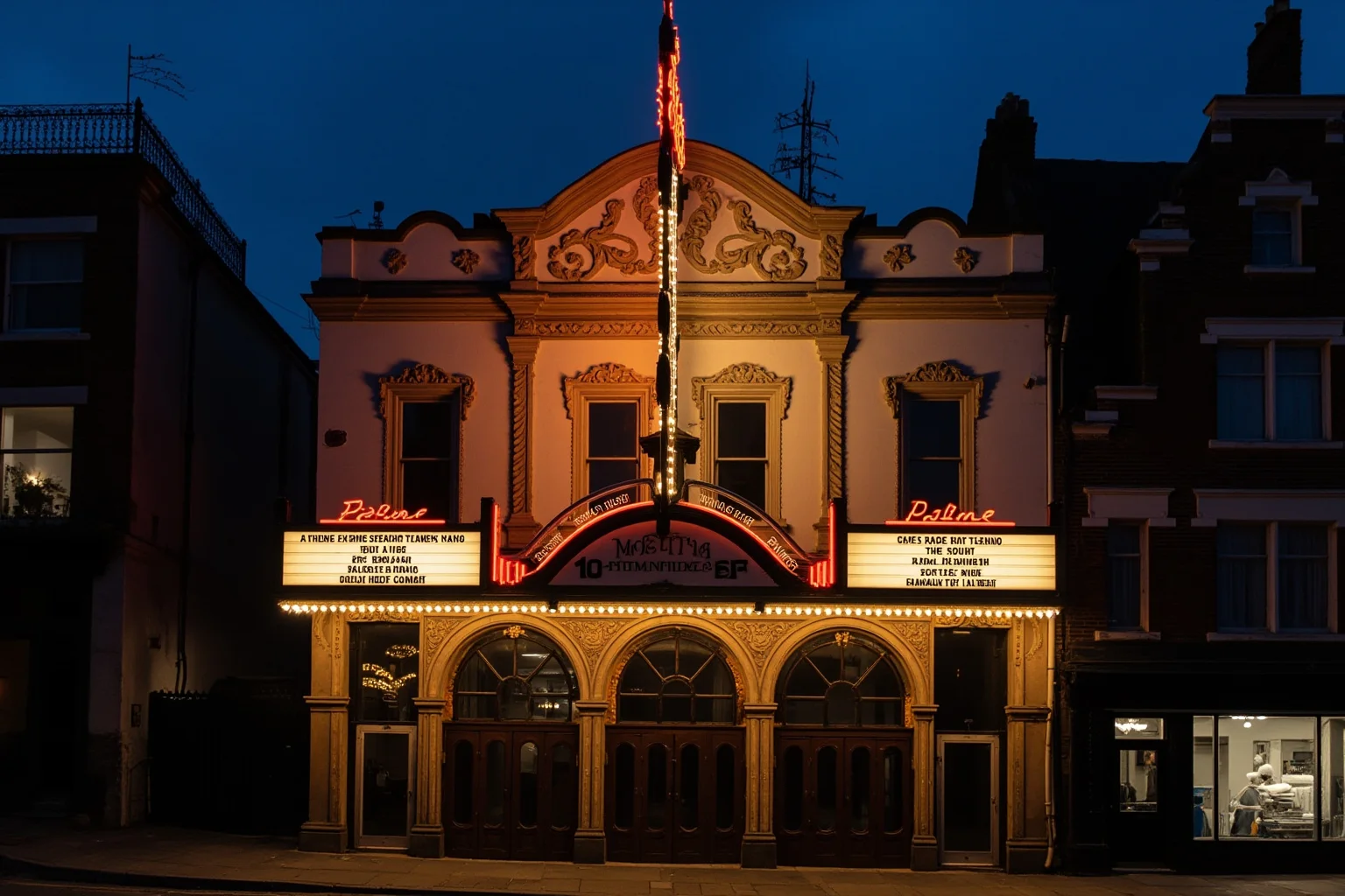 An ornate 1860s theater façade with gaslit marquee and elegant arched entrance at dusk