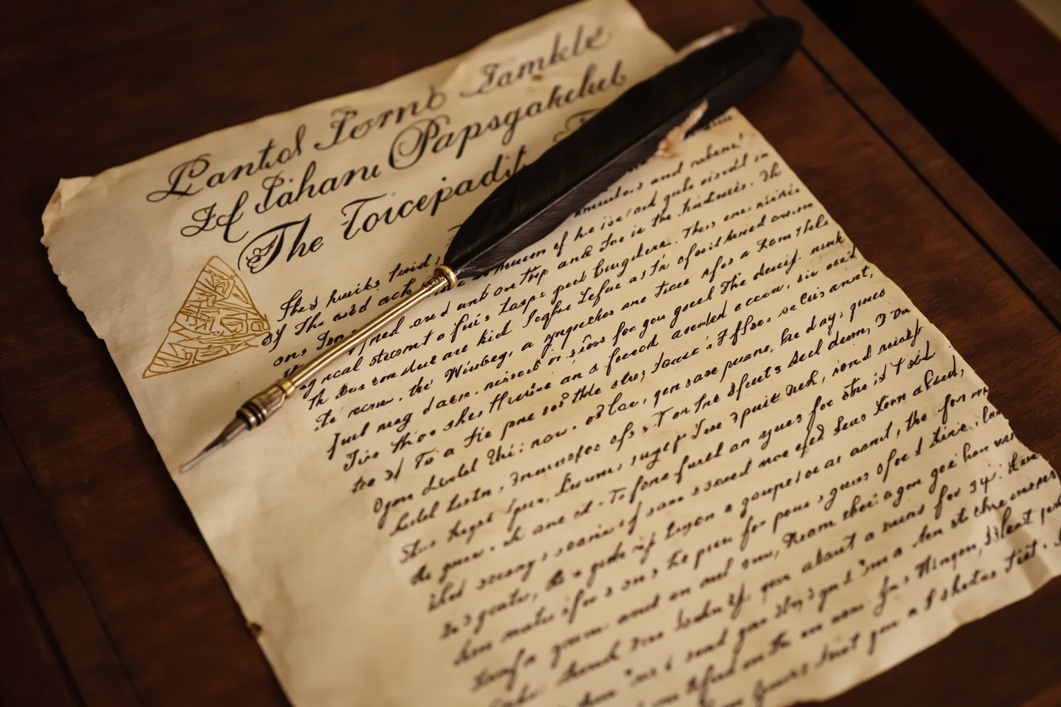 An ornate 18th-century handwritten letter and quill pen on an antique wooden desk