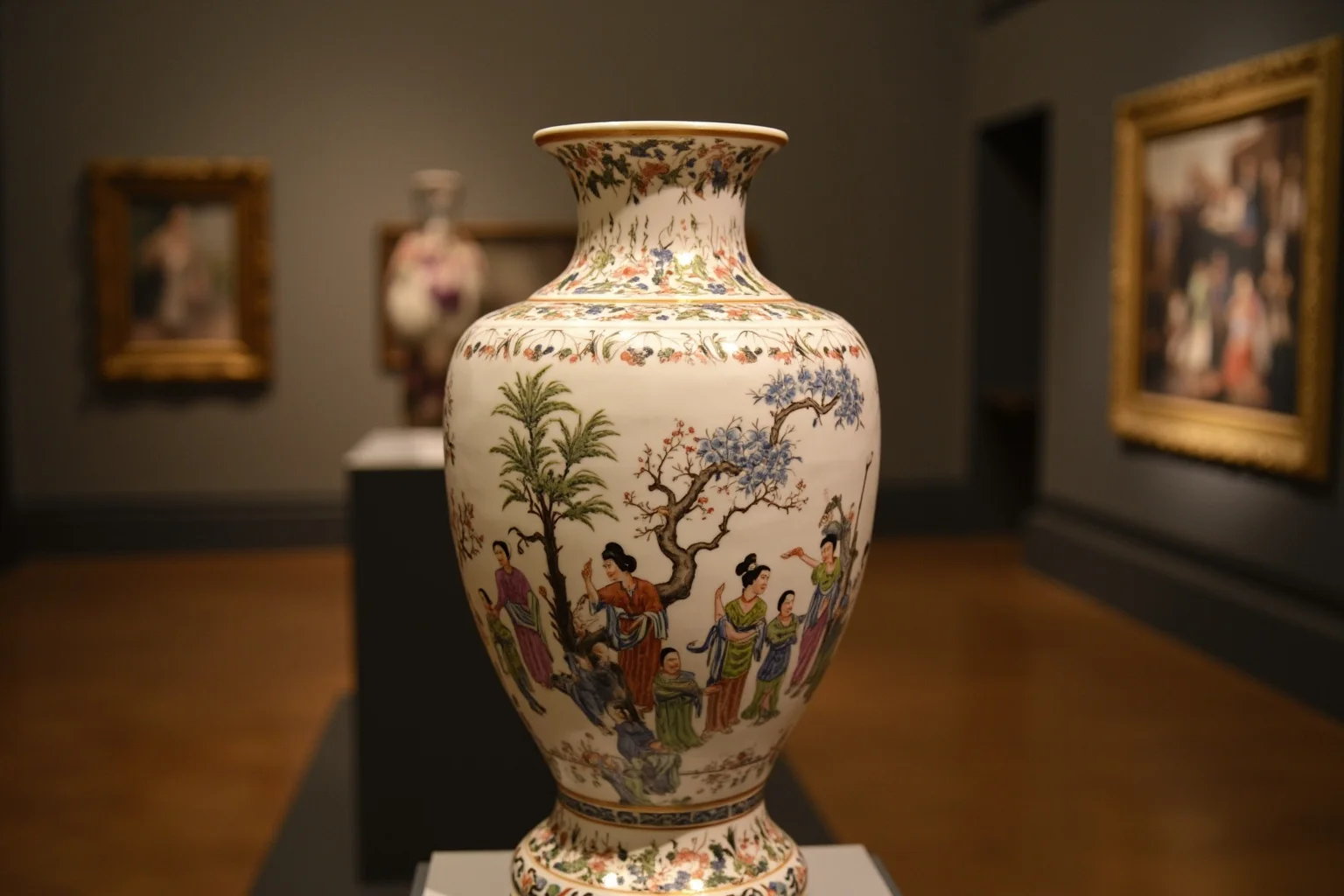 An ornate 18th-century painted porcelain vase on a museum pedestal