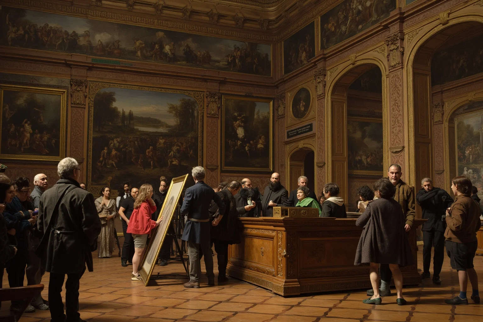 Amazing Facts About Claude Monet: His Life and 10 Greatest Paintings 5 An ornate 19th-century art exhibition hall with paintings on the walls and a disapproving jury examining a canvas