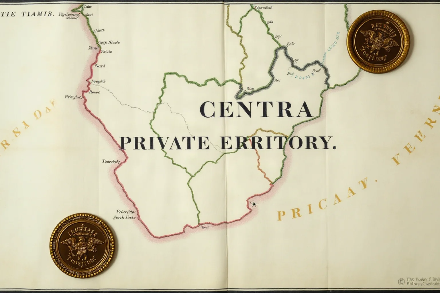 An ornate 19th-century map of Central Africa labeled as a private territory, with a wax royal seal in the corner