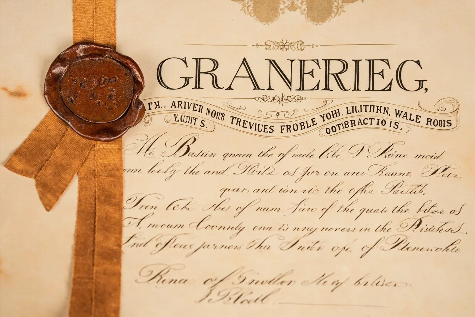 An ornate 19th-century royal document with wax seal and ribbon representing a formal title grant
