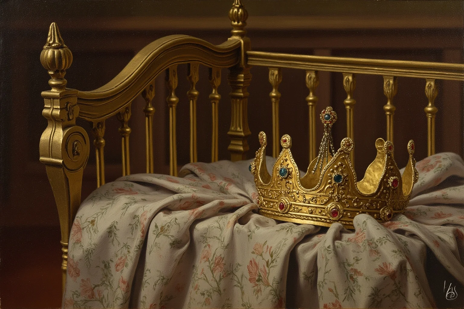 An ornate 19th-century Spanish royal nursery with a jeweled crown resting beside an infant's cradle, oil painting style