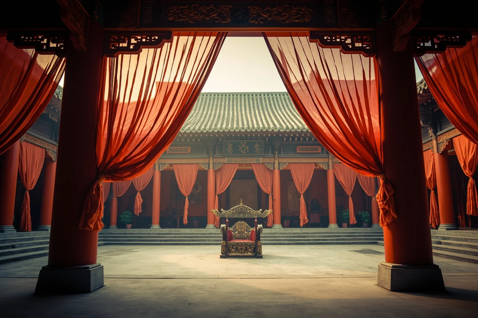 22 of the Greatest Comeback Stories in History 14 An ornate ancient Chinese palace courtyard with silk curtains fluttering and an empty throne bathed in morning light