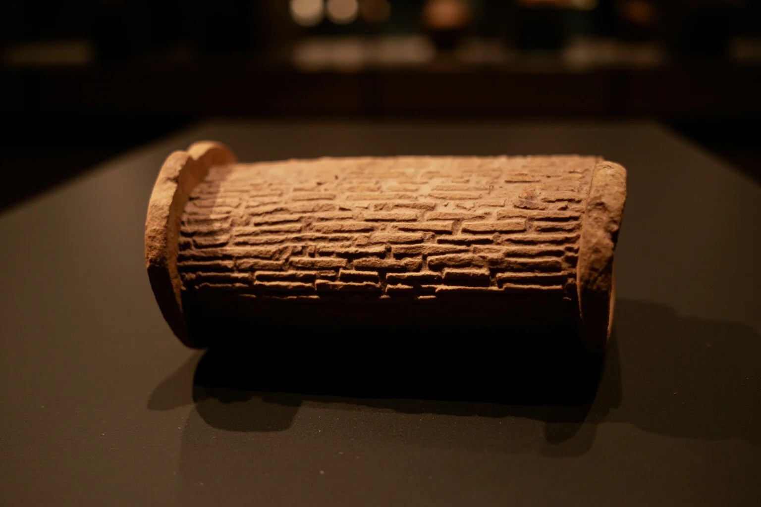 25 Captivating Facts About the Persian Empire 4 An ornate ancient clay cylinder covered in cuneiform script resting on a museum pedestal, softly lit