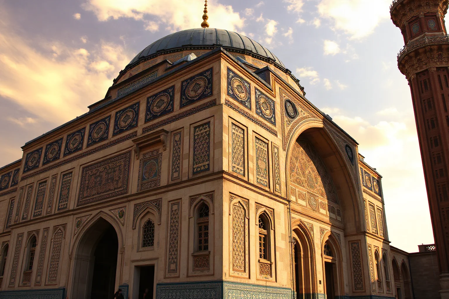 An ornate ancient mosque with intricate geometric architecture under a golden sky