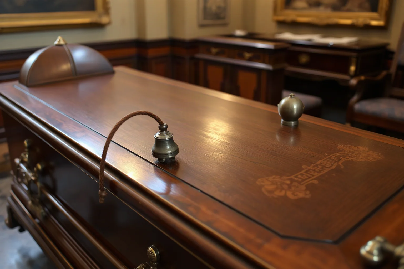 An ornate antique coffin fitted with a small bell and cord mechanism, Victorian-era funeral parlor setting