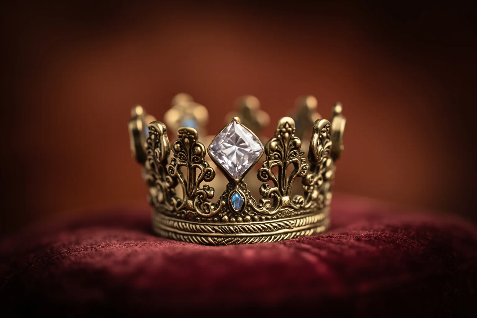 An ornate antique diamond set in a royal-style crown on a velvet cushion
