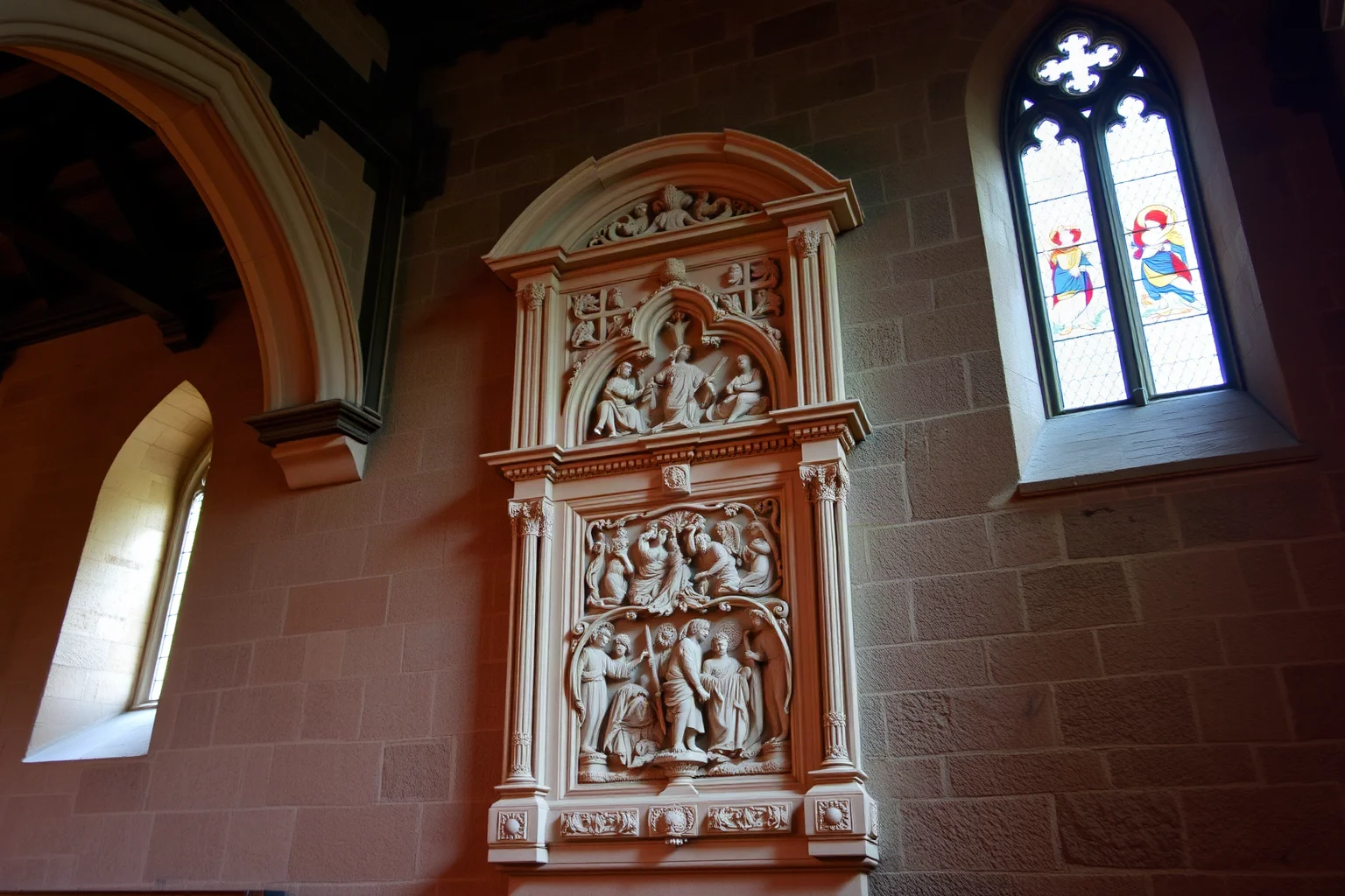 An ornate carved stone wall monument inside an old English church, softly lit by stained glass light