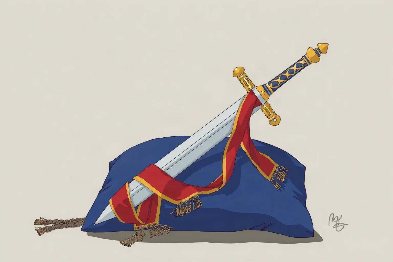 An ornate ceremonial sword and ribbon resting on a velvet cushion, symbolizing a royal knighthood, illustration style