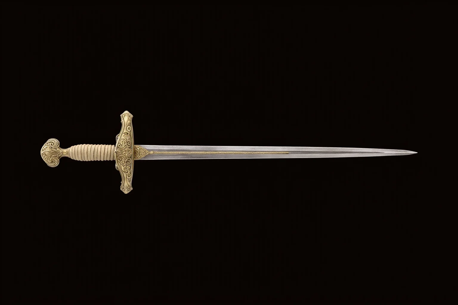 An ornate ceremonial sword with a blunted squared tip used in royal coronation ceremony imagery